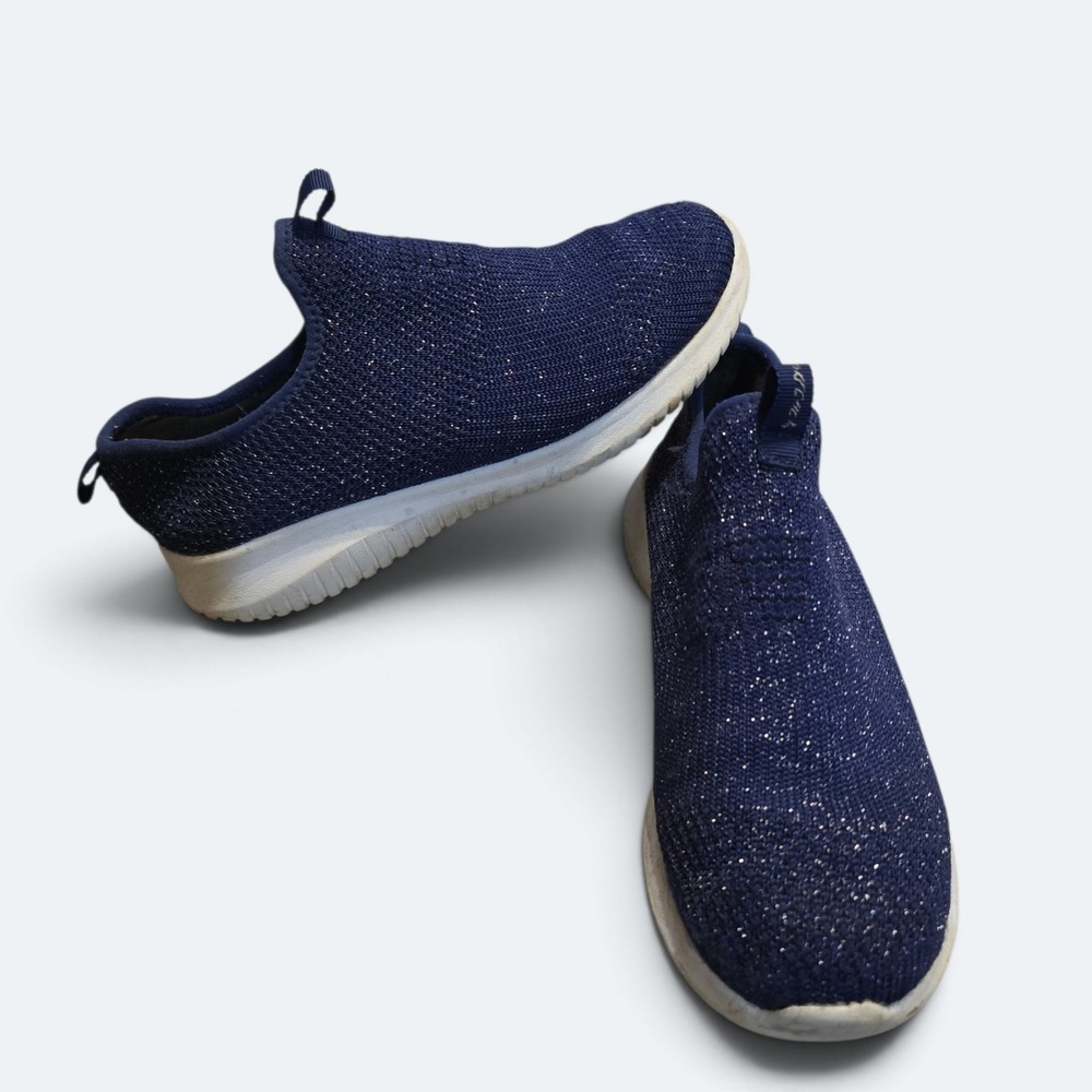 Skechers Girls Size 1.5 Ultra Flex Navy Blue Glitter Kids Slip On Sneakers